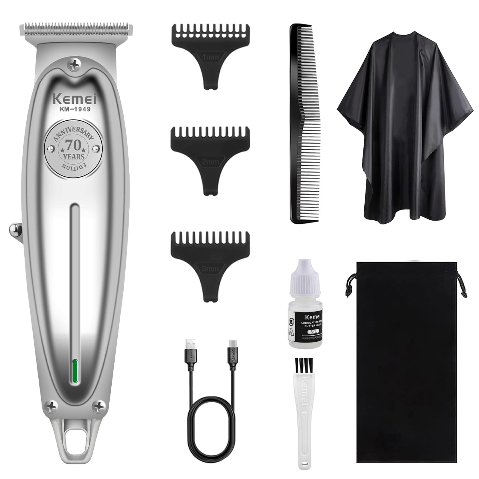 KEMEI Cortapelos profesionales para hombres, recortadora eléctrica sin huecos, recortadora de barba/pelo recargable, T-máquina de corte de pelo con hoja (KM-1949-Silver)