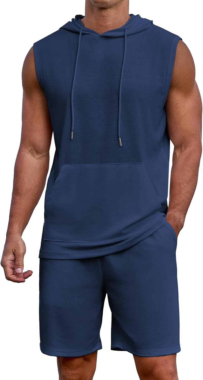 Uni Clau Men's Short Sleeve Summer Tracksuit Hooded Tanks Tops Sweatsuit 2 Piece Casual Sports Shorts Set