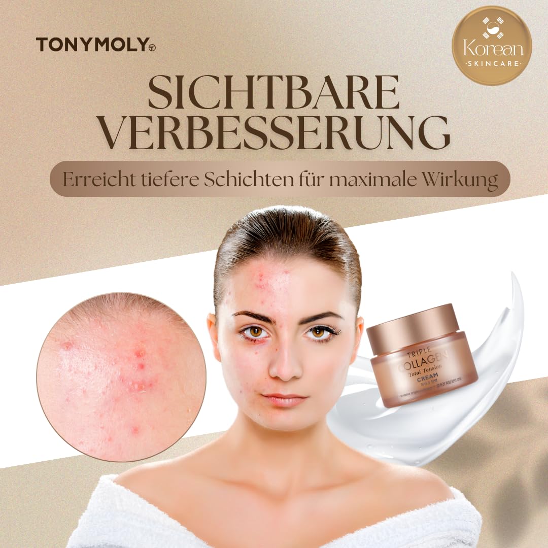 TONYMOLY Triple Collagen Total Tension Cream - Crème raffermissante de la peau, anti-rides, éclaircissante au collagène pour le visage avec niacinamide, Vit C - Soin du visage coréen pour tous les