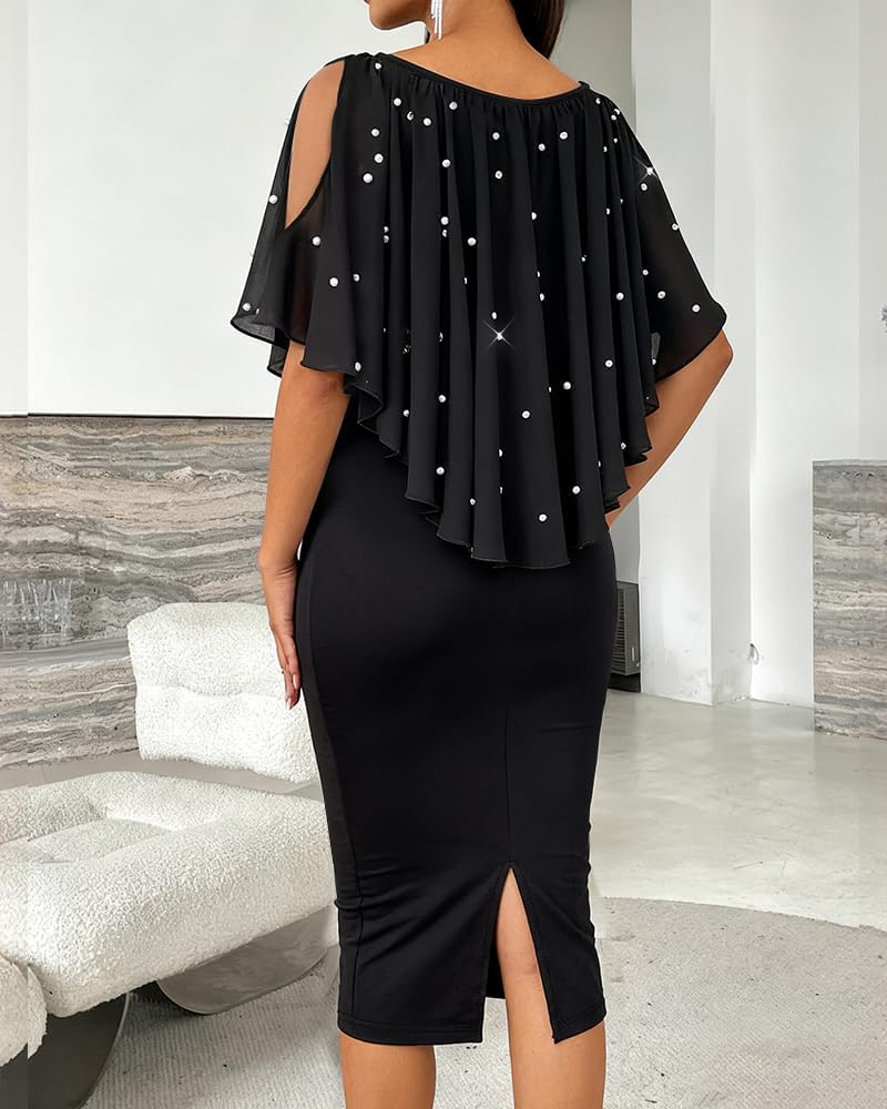 CHICME Womens V Neck Cold Shoulder Bodycon Midi Dress with Rhinestone and Pearls Cocktail Evening Wedding Guest Dress