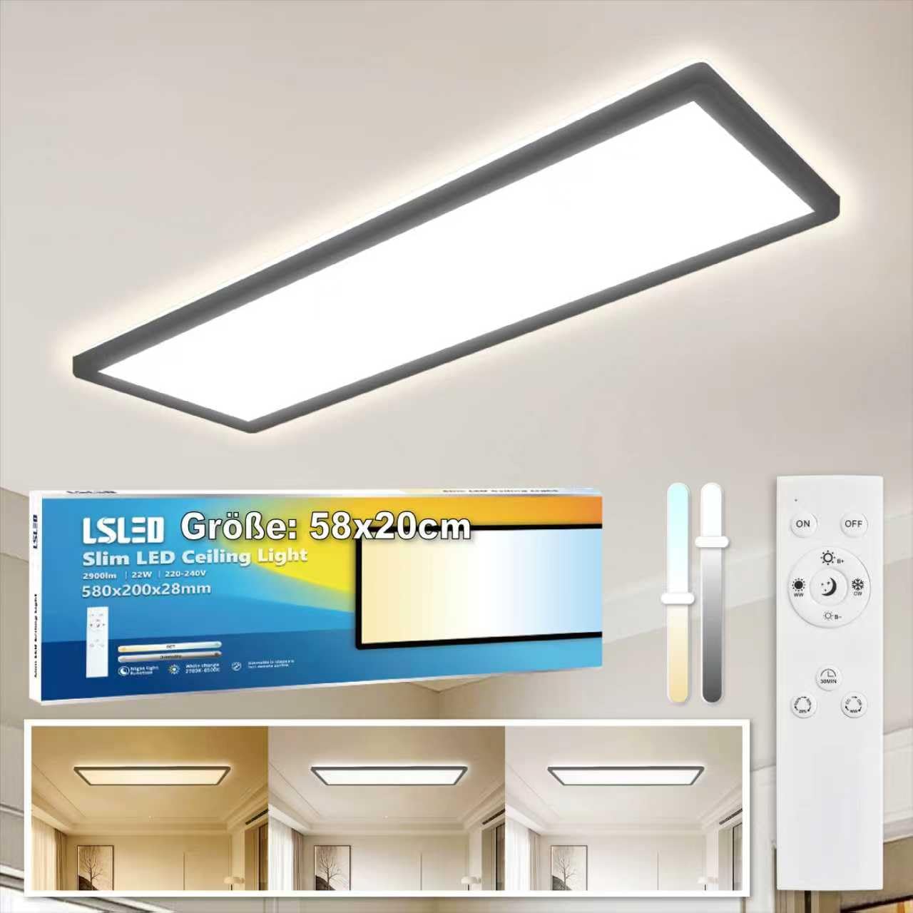 L5L3D LED Deckenleuchte mit Fernbedienung, 58x20x2.8CM CCT 2700K/4000K/6500K IP44 22W 2900LM Deckenlampe Küchelampe mit Backlight-Effekt für Badezimmer Schlafzimmer Keller Wohnzimmer, Schwarz