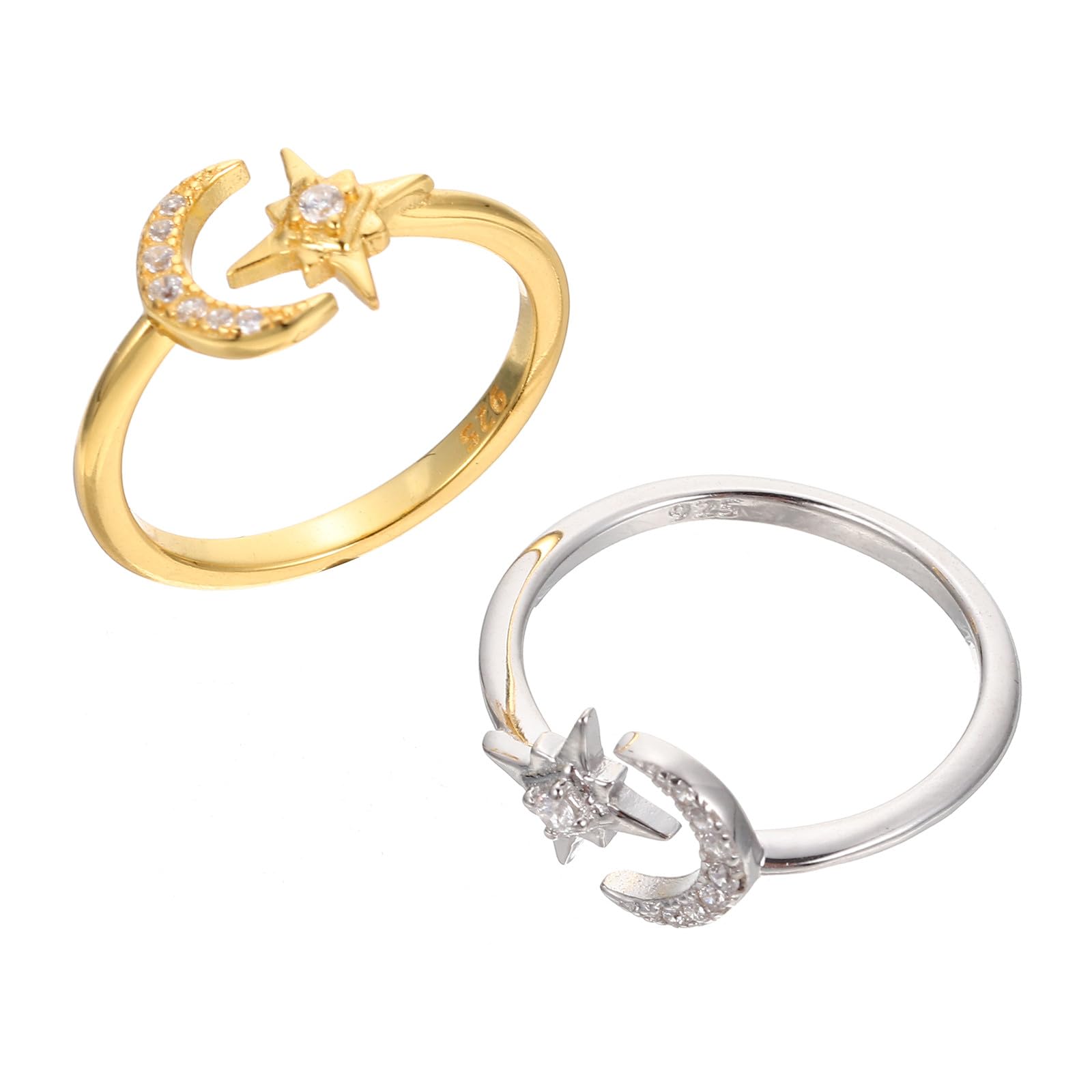 Holibanna Anelli Regolabili da Donna Confezione da 2 in Argento Design Delicato a Forma di Mezzaluna e Stella, Aperti Sicuri per Ogni Occasione