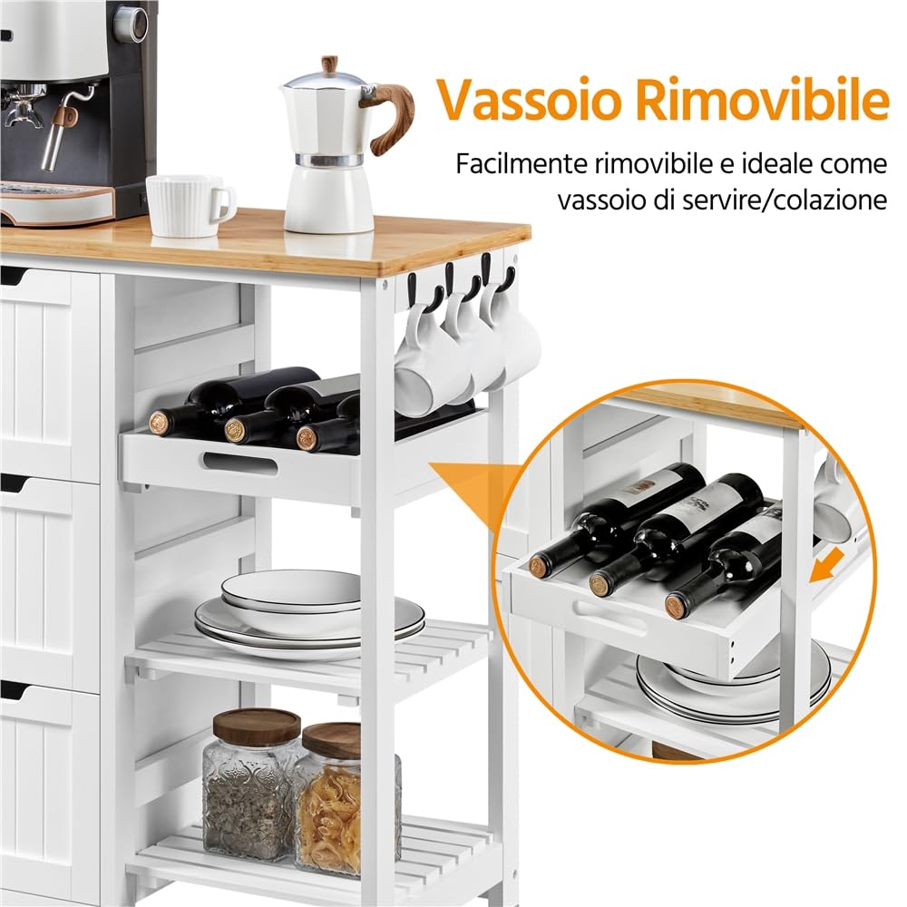 Yaheetech Carrello Cucina con Ruote 3 Cassetti 3 Ripiani in Legno Salvaspazio Bianco Porta Microonde Spezie 67cm x 37cm x 84,5 cm