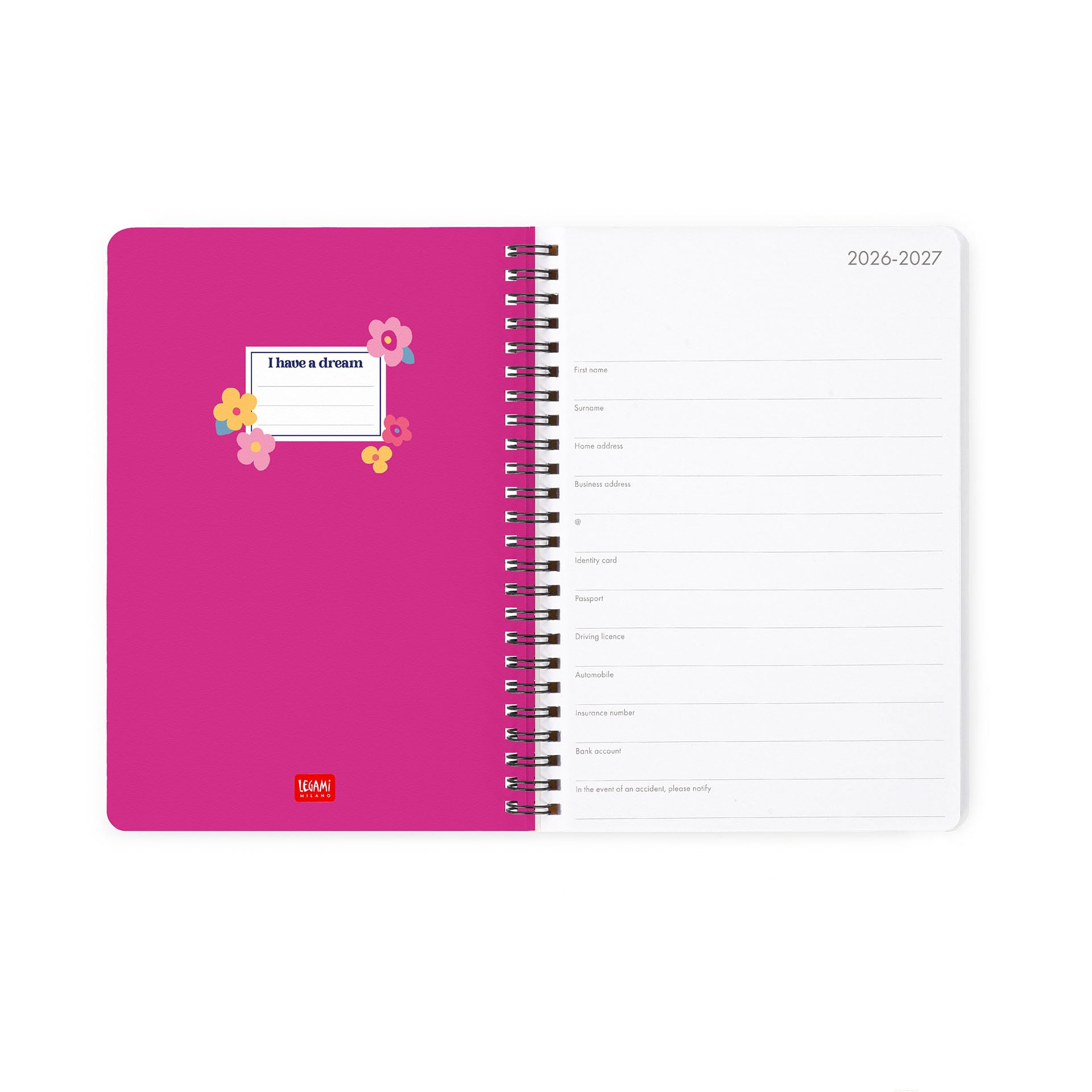 Legami Agenda hebdomadaire à spirale 2026-2027 Flowers 16 mois 15 x 21 cm FSC