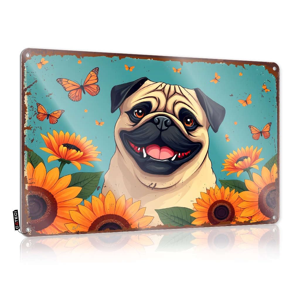 Sujd Colour Tinplate Sign Wall Open Rust-Proof & Cowgirl Decor Vintage Tin - A Cheerful Pug Surrounded By Sunflowers And Butterflies. For Mexican Kitchen | Metal Pool Signs Outdoor
