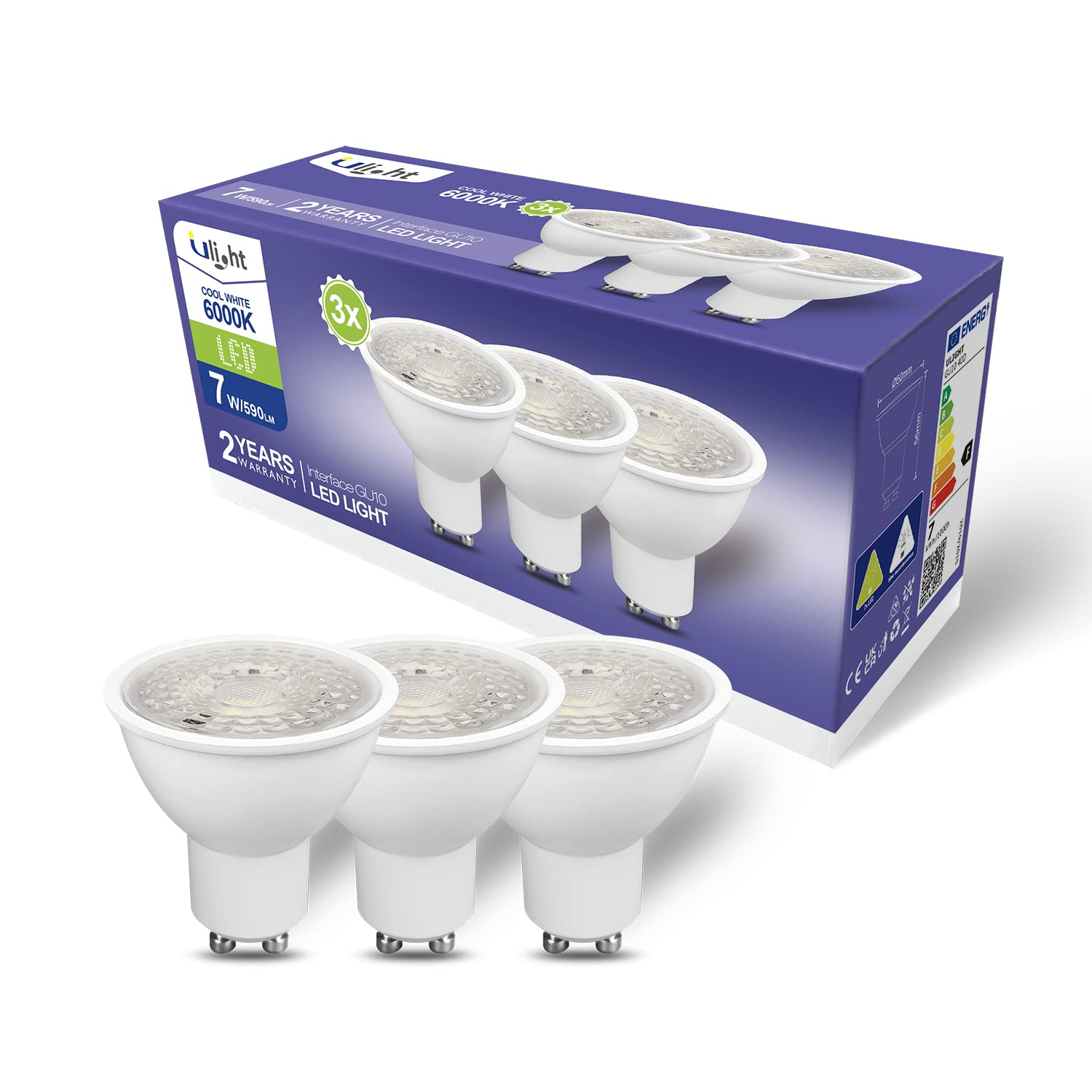 ULIGHT Lampadina LED GU10 40D 7W, Equivalente a Lampada Alogena da 50W, Bianca Fredda 6000K, 590 Lumens, 40° Raggio Visuale, 220-240AC, Non Dimmerabile, Confezione da 3