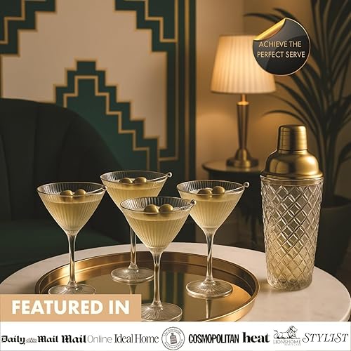 Miniatura 4 de Vemacity Juego de herramientas de barra de lujo  Coctelera de vidrio de 16 onzas + 2 vasos de Martini acanalados y accesorios de cóctel dorados