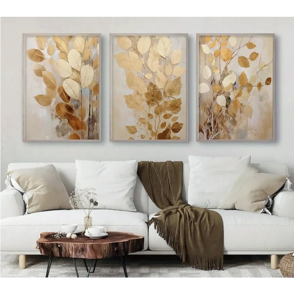 LTjiajuypd Golden Autumn Leaf Wall Abstract Prints, BranchesBeige Bedroom And Gold Decor(60x85cm-3Pcs)