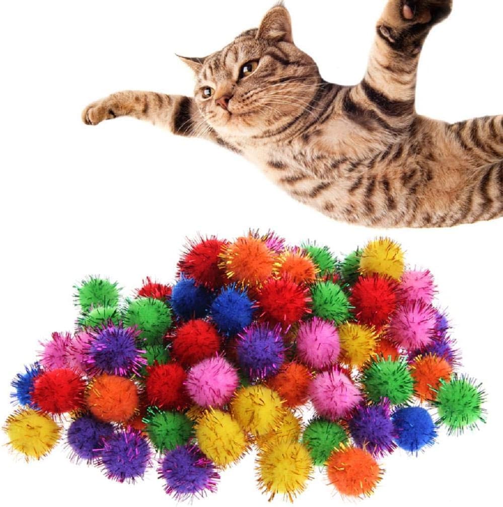 Junfamilee 100Pcs Colorful Mini Sparkly Glitter Tinsel Balls Small Pom Ball for Cat Toys, Cat Toy Balls, Cat Pom, Ball of Yarn for Cats