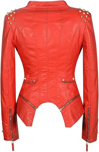 Vista 4 de SX - Chaqueta de cuero sintético con tachuelas para mujer, chaqueta de motociclista con forma perfecta