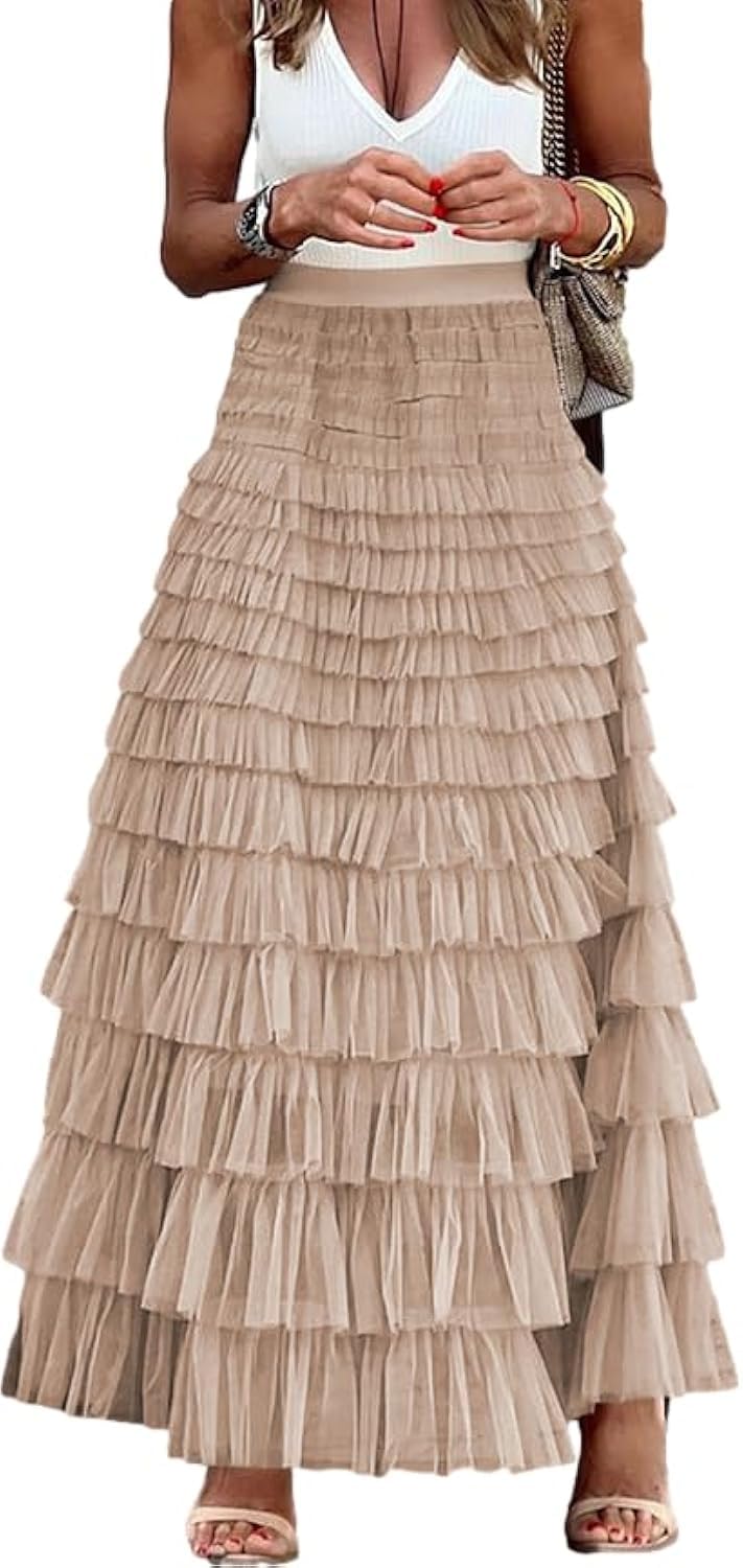Comfy Stylish Women's Tiered Tulle Maxi Skirt - Sheer Mesh Aline Flared Elastic Waist Long Skirt - Party Wear