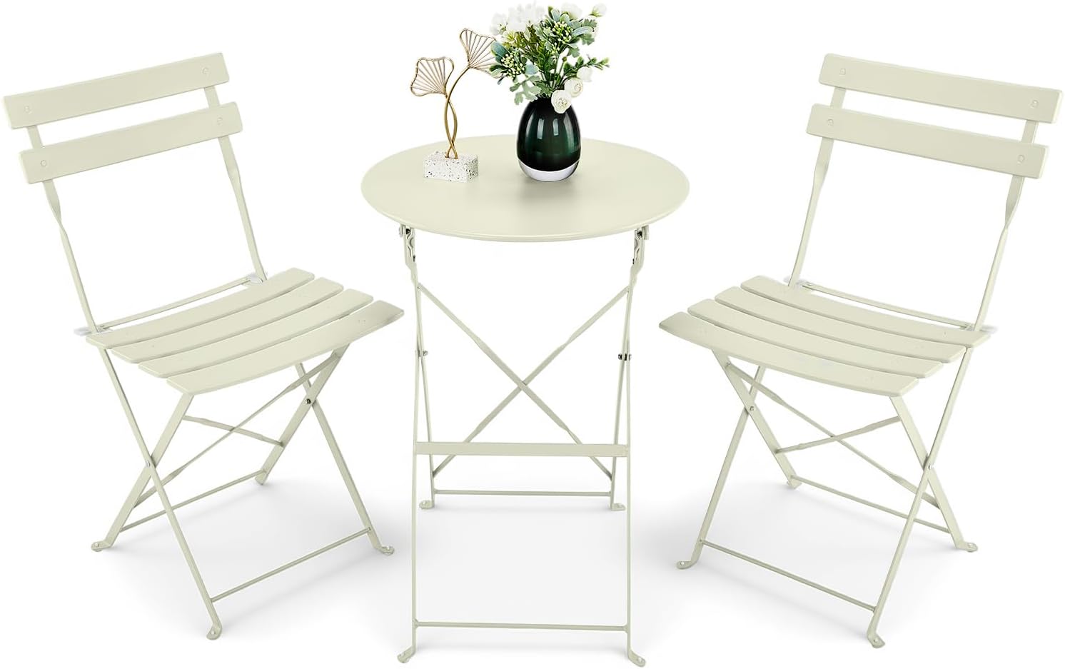 Bonnlo 3-Piece Folding Bistro Set, Outdoor Patio Table and Chairs, Compact Garden Furniture for Small Spaces Balcony Patio Garden, Beige, 50x50x71cm
