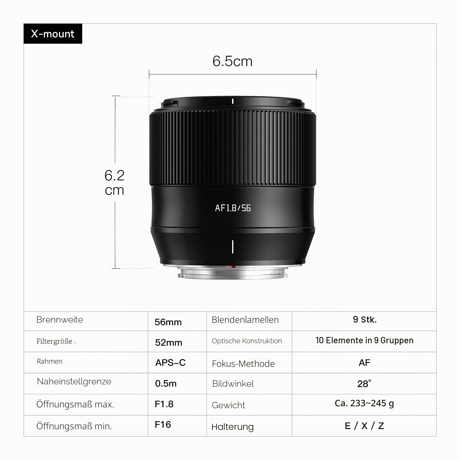 TTARTISAN AF 56 mm F1.8 für Fuji X-Mount Objektiv, APS-C 56 mm f/1.8 Autofokus Prime STM Objektive (X-Mount)