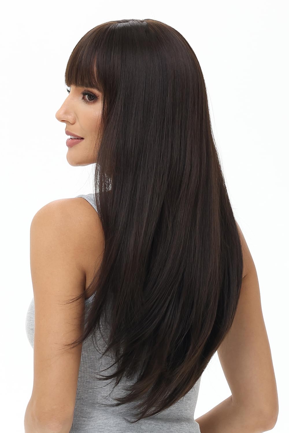 BUYOGET Long Wigs for Women with Fringe Adjustable Straight Synthetic Hair Wig Cosplay Daily Use Wigs 24 inch Dark Brown - Image 3
