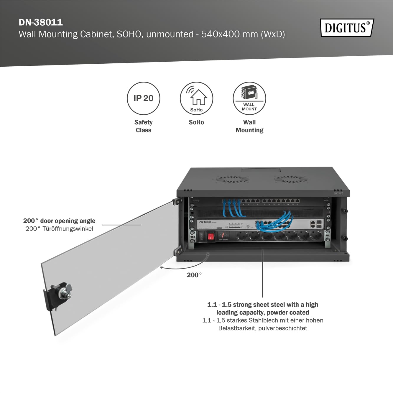DIGITUS Armario de red, rack de 19 pulgadas 4 U, Sin montar, Montaje en pared, 400 mm de profundidad, Carga 60 kg, Puerta de cristal, Negro