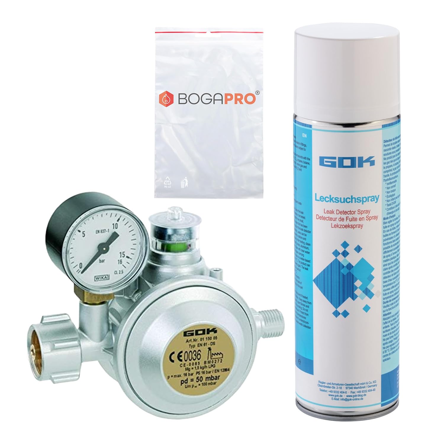 Gewerberegler mit Überdrucksicherung für Propangasflaschen, Druckminderer mit Manometer, Gasdruckregler inkl. Lecksuchspray