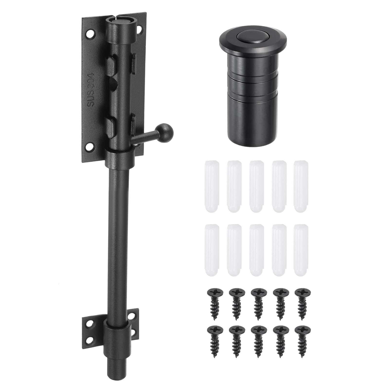 sourcing map 1-Pack Slide Bolt Latch, 8 in 304 Stainless Steel Barrel Bolt Latch Heavy Duty Door Latches Lock 14mm Dia Bar with Dust Container for Barn Wooden Fence Shed Door [Black]