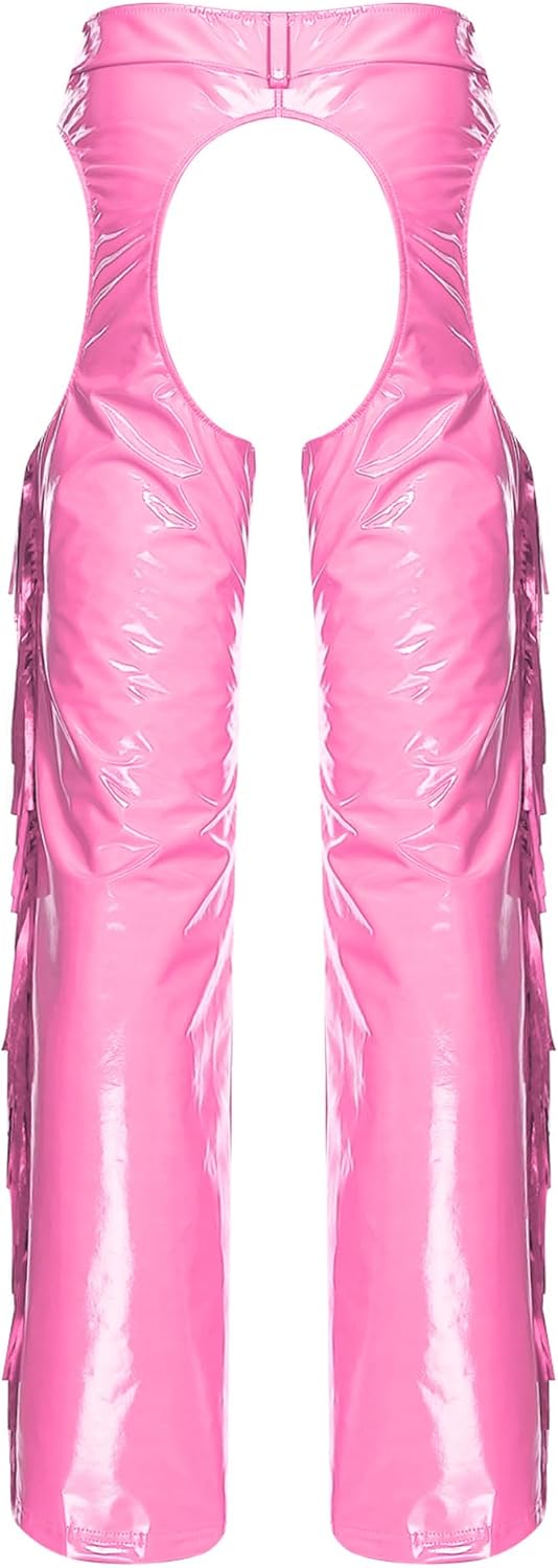 FEESHOW Cowgirl Glossy Chaps Pants for Women Shiny Hollow-Out Crotch Thighs Tassel Wide Leg Clubwear