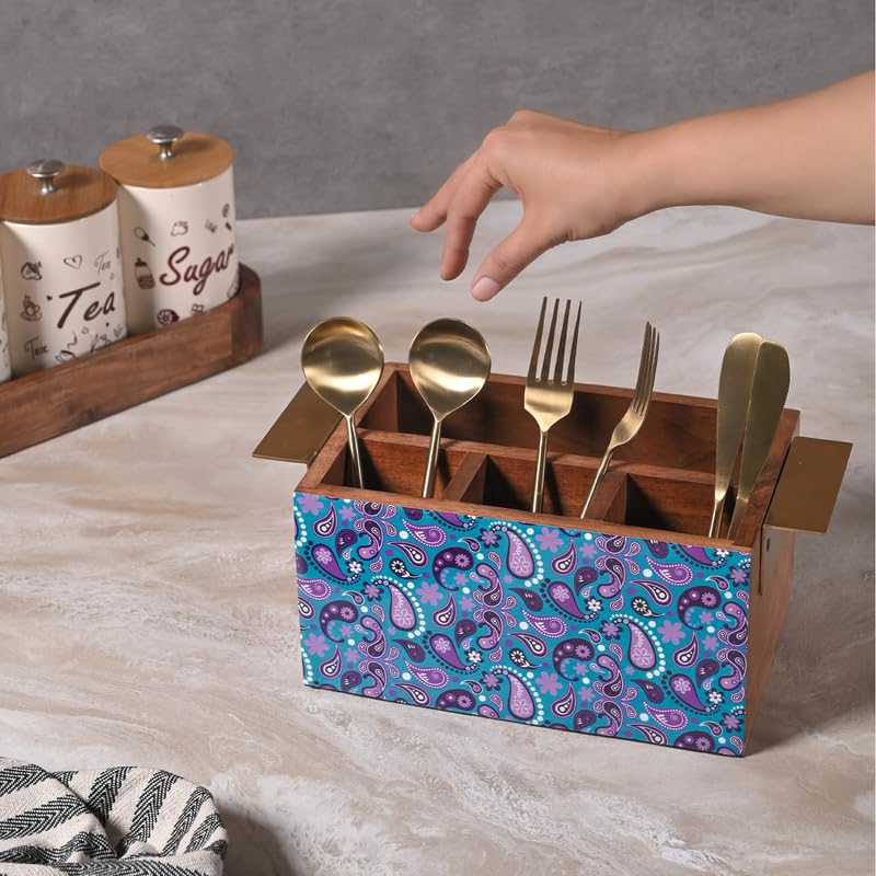 Image of Wooden Cutlery Holder for Kitchen - Handcrafted Floral Design with Sturdy Handles | Utensil & Tissue Organizer for Dining Table & Office - Purple (Printed)