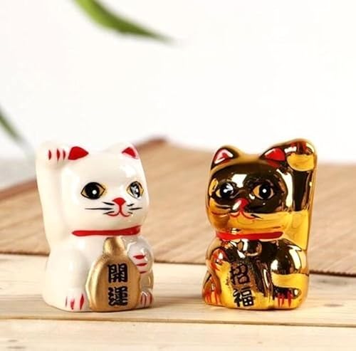 EatingBiting 1 par de adornos de gato Maneki Neko de 2.0 in/2 pulgadas, decoración de la fortuna Fengshui Lucky Beckoning Cat Decor Adornos para el