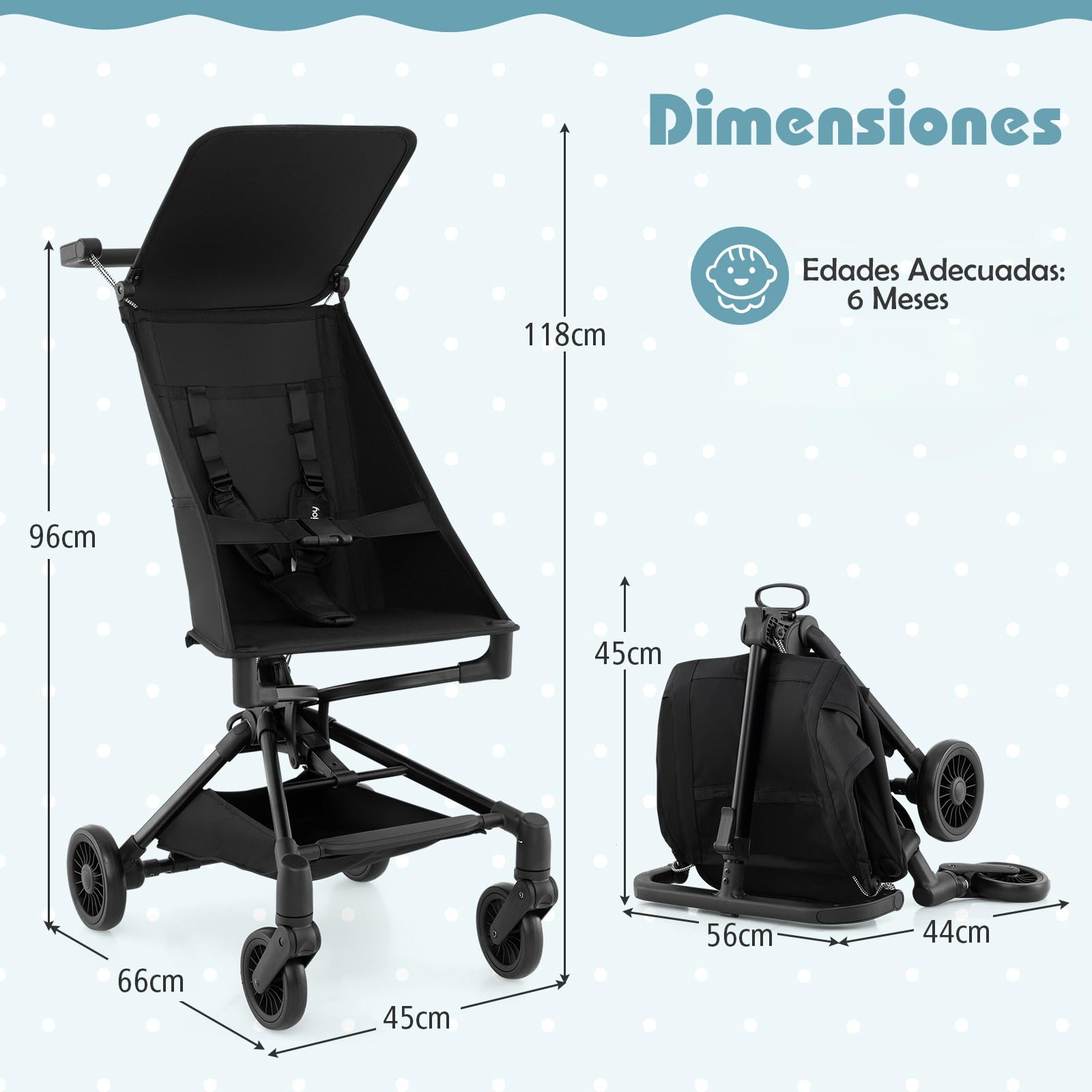 COSTWAY Silla de Paseo Ligera, Carrito Bebe Plegable con Capota Ajustable, Cochecito Bebe Compacto para Avión, Canasta de Almacenamiento y Ruedas Todo Terreno, para Bebés de 6+Meses