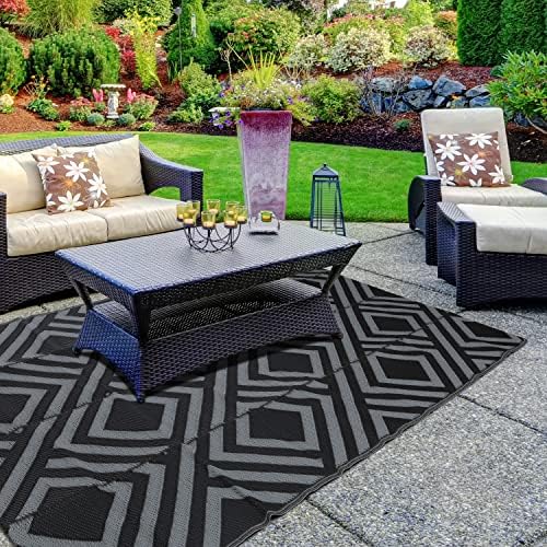 Mymytee Reversible Rugs Plastic Patio Area Rugs, 5x8FT Lightweight Outside Rhombus Mats for Patio, Straw, RV Camping, Beach and Picnic (Black + Grey)