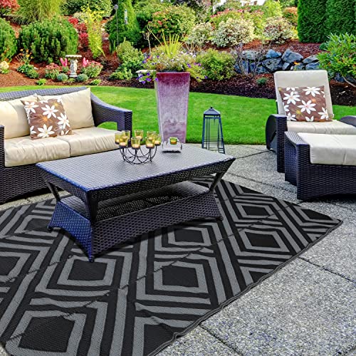 Mymytee Reversible Rugs Plastic Patio Area Rugs, 5X8Ft Lightweight Outside Rhombus Mats For Patio, Straw, Rv Camping, Beach And Picnic (Black + Grey) #TOP25