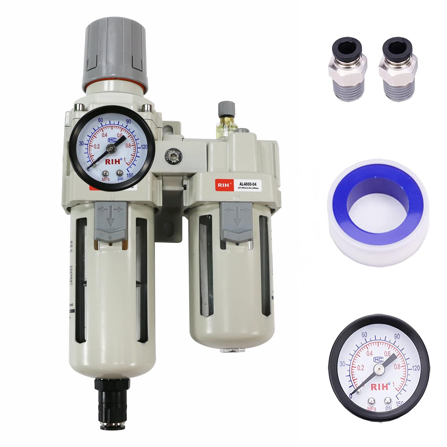 RIH Pneumatics Compressed Air Filter Regulator Lubricator Combo Water Oil Trap Separator Gauge 0 150 Psi Semi Auto Drain Poly Bowl Bracket 3 In 1 Two Unit 1 4 Npt Auto Drain