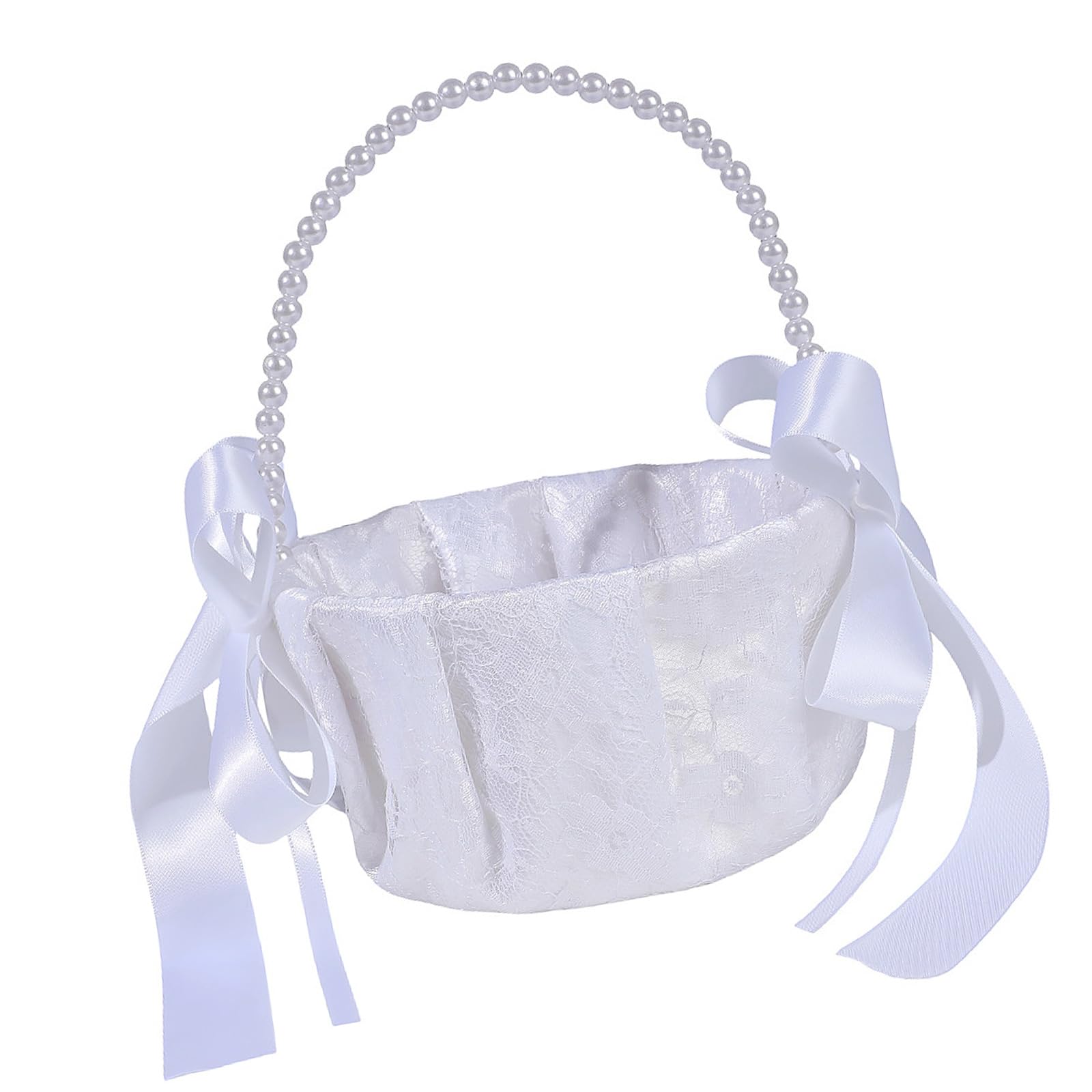 Pearls Bow Basket for Flower Storage Bridal Shower Accessories Photo Props Decorative Petal Scattering Basket with Detachable Ribbon for Bridal Accessories