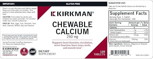 Miniatura 3 de Kirkman - Calcio 250mg con Vitamina D3-120 Tabletas - Minerales Esenciales - Ayuda a mantener huesos fuertes - Hipoalergénico