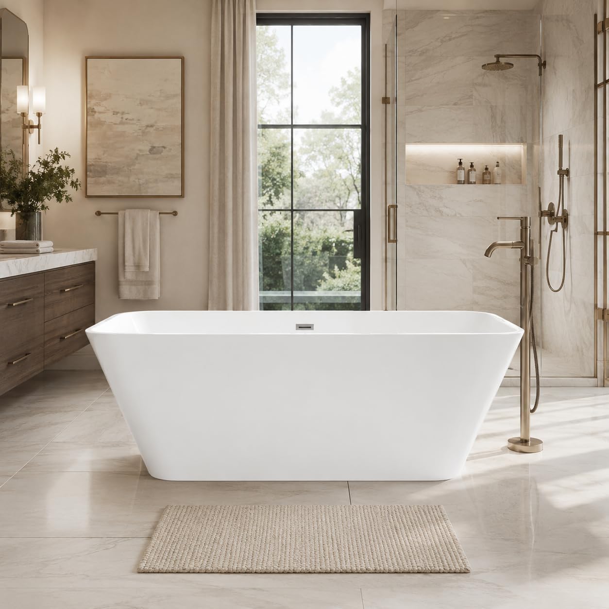 59'' Acrylic Freestanding Bathtub, Deep Soaking Tub, Modern Square