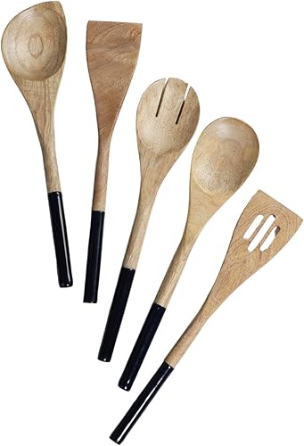 Miniatura 8 de The Art Box Juego de 5 cucharas de madera para cocinar, cuchara de esquina maciza de madera natural, espátula ranurada, utensilios de cocina,