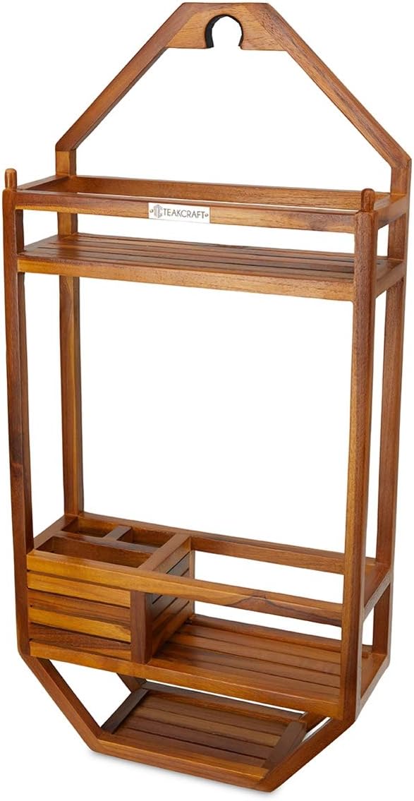 TeakCraft Teak Shower Caddy, Patented Shower Organizer For Bathroom, Non Slip, Indoor and Outdoor, Hanging Organizer, Showerhead, 3 Shelf, The Thoren