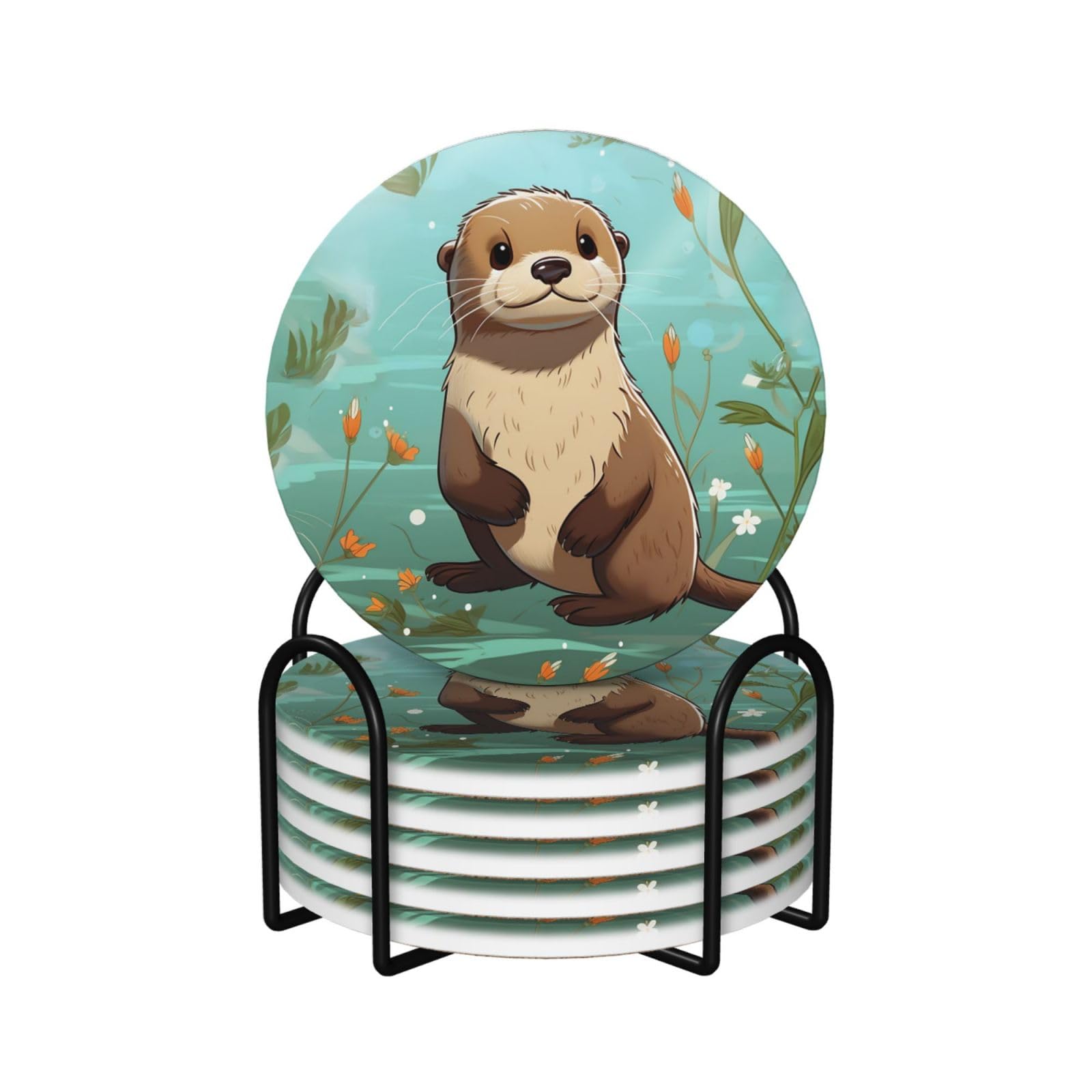 6Pcs Ceramics Coaster for Drinks, Cartoon Cute Otter Cup Coasters with Holder, Aesthetic Drink Coasters for Coffee Table, Absorbent Round Coaster for Tabletop Protection 4" Cup Mat Pad