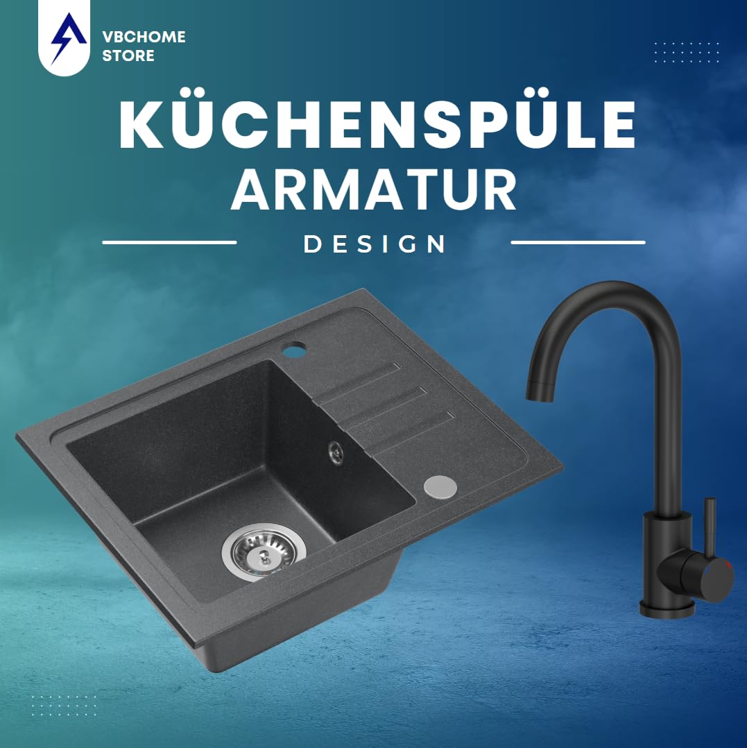 VBChome Granit Spülbecken 55 x 44 cm Schwarz gesprenkelt – Einbauspüle Einzelbecken reversibel mit Armatur & Siphon – Küchenspüle Set matt Schwarz – robust & pflegeleicht