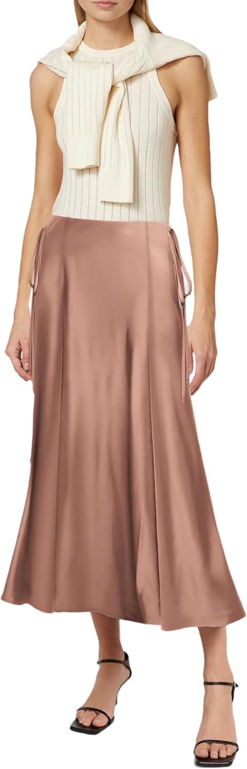 SEBOWEL Women Satin Maxi Long Skirt Silk Side Tie A Line Swing Midi Skirt Silky Flowy Ruffle Pleated Cocktail Party Skirts - Image 6