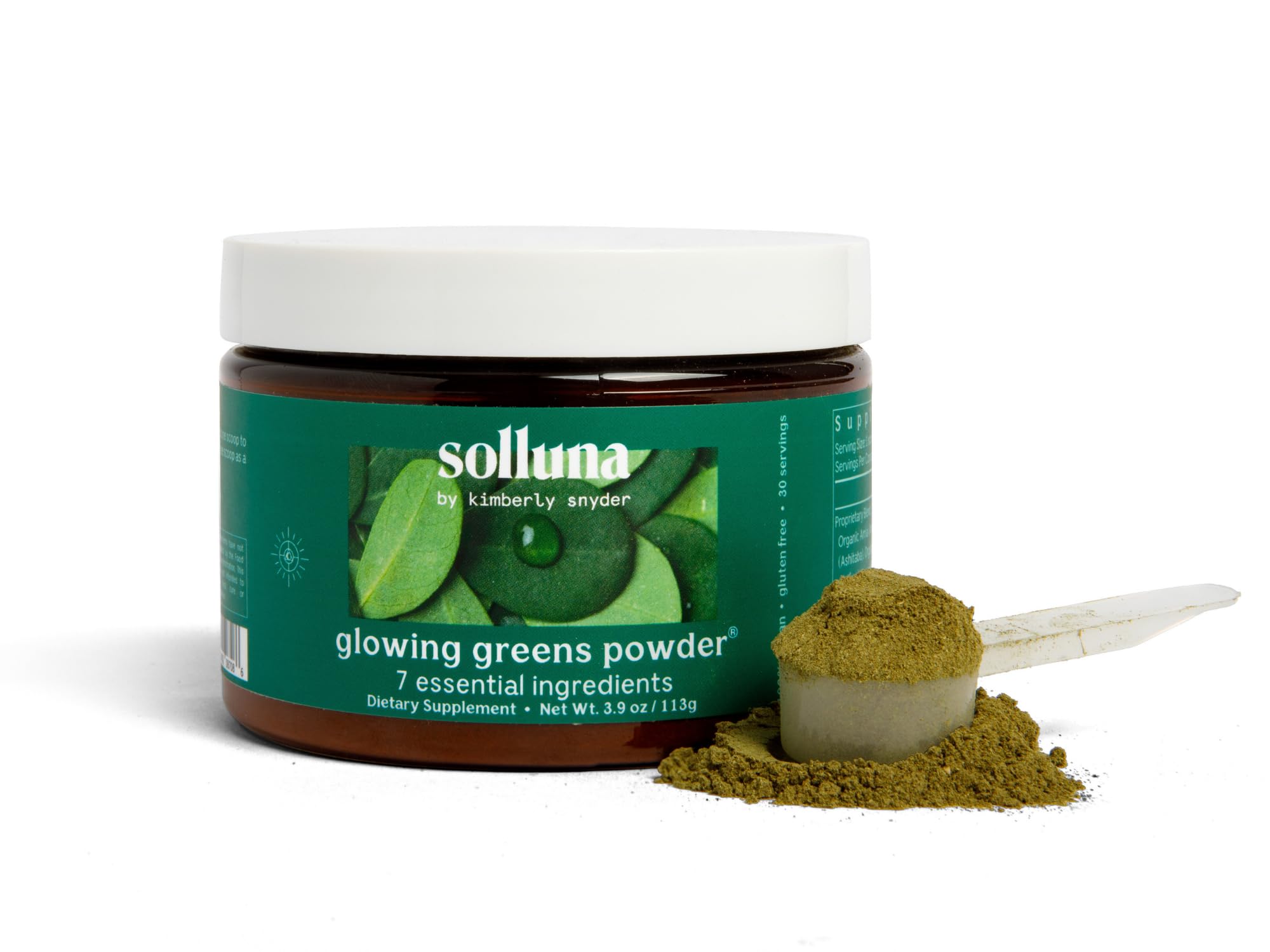 Solluna Glowing Greens Powder Ashitaba, Spirulina, Chlorella, Cordyceps, Moringa, Amalaki & Monk Fruit — Superfood for Energy, Mood & Immune Support — Kimberly Snyder (30 Servings) Vegan Non-GMO