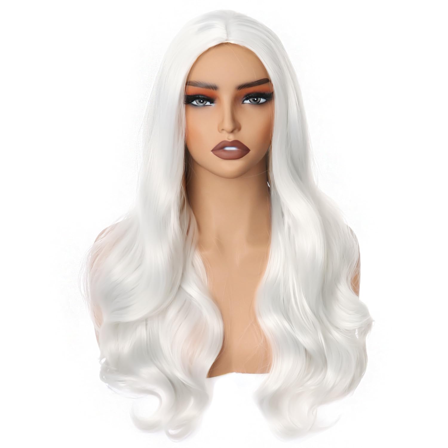 Colorfulpanda Long White Wavy Wig Middle Part for Women Girls,Natural Curly Heat Resistant Synthetic Hair Middle Part Full Wig for Halloween Costume Cosplay Party or Daily,25inch