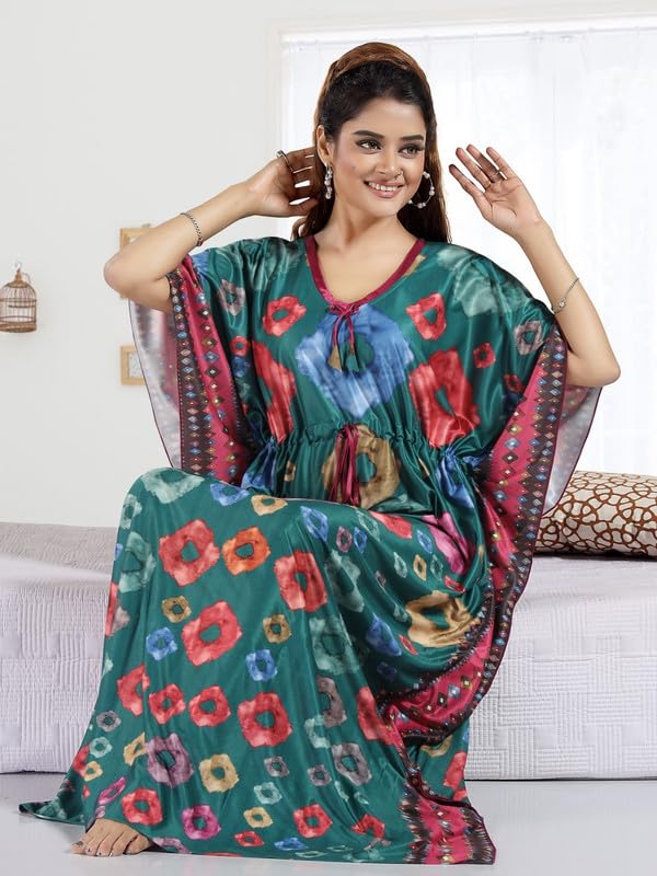 Image of Women's- Kaftan /Nighty /Maxi /Gown /Nightdress /Nightwear Serena Fabric- V-Neck Floral Print