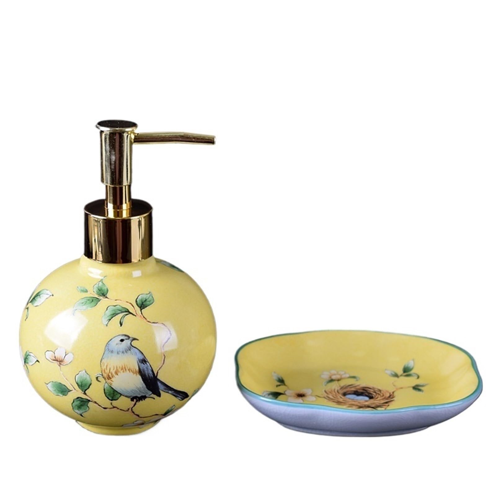 Hongchenke34 Yellow Pump Bottle Creative Ceramic Bathroom Two-Piece Set Including Soap Dispenser And Dish
