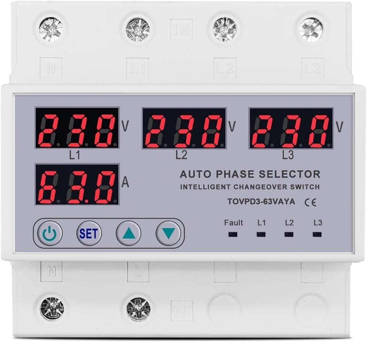 100A 63A 3 Phase 3P+N Din Rail Selector Adjustable Over and Under Voltage Current Protection Monitor Relays Protector 1Pcs(63A Phase selector)