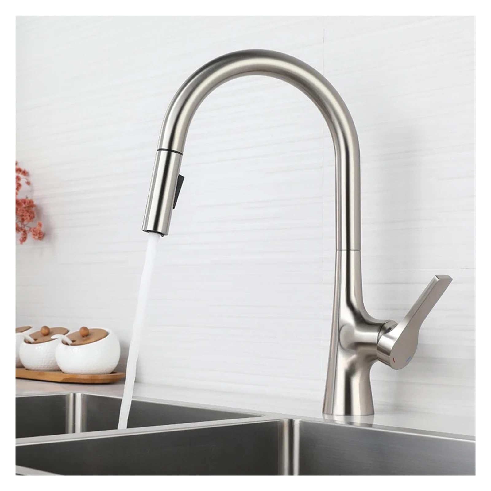 Schwenkkran, ausziehbarer Küchenwasserstrahler, gebürstet, Mischbatterie für Spülbecken mit kaltem und heißem Wasser, 360-Grad-Messing(Nickel)