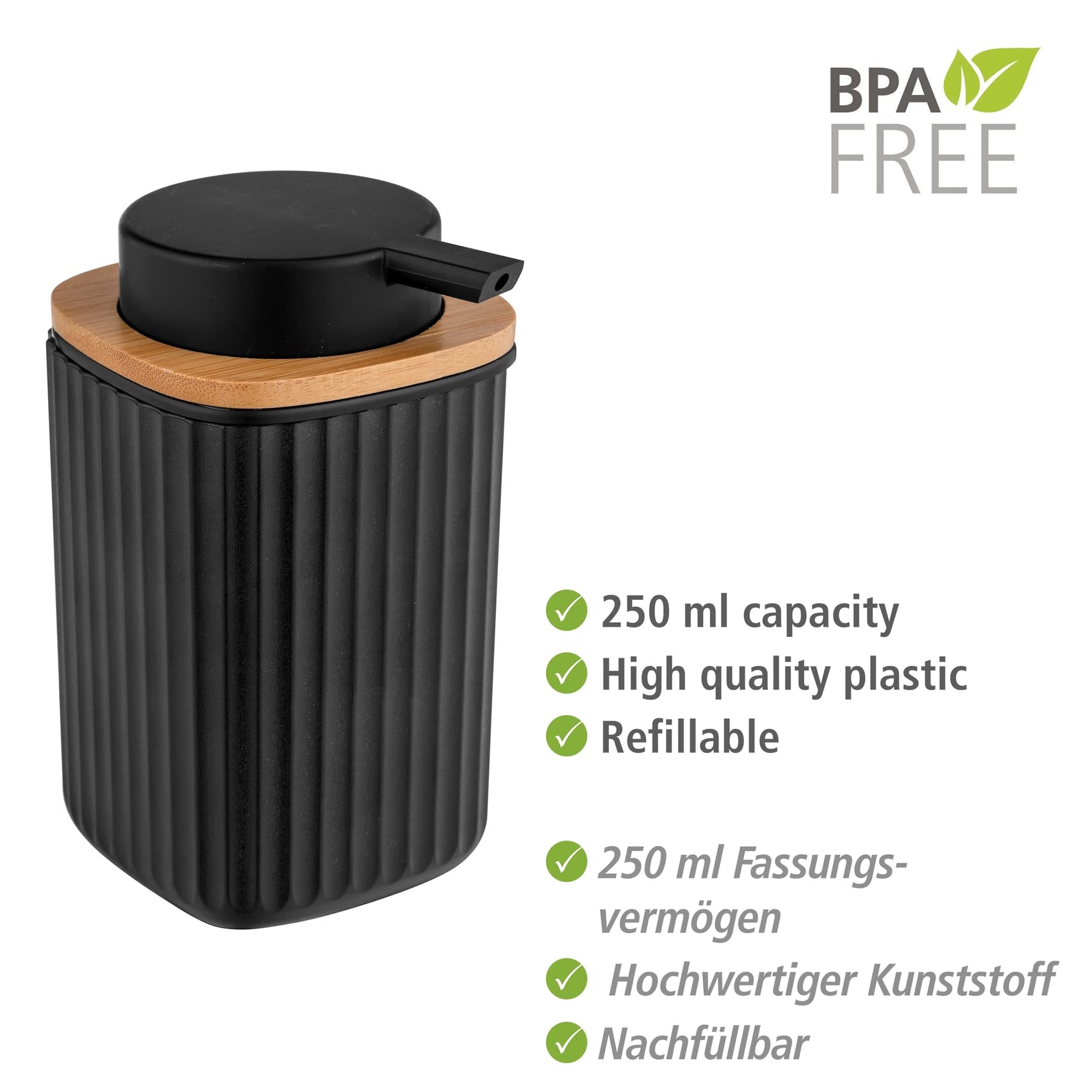 WENKO Dispensador de jabón Rotello, dosificador recargable con capacidad de 250 ml, en plástico de calidad óptima y detalles de bambú, apto para lavavajillas, 8,9 x 12,7 x 7,5 cm, negro/natural