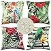 Juego de 4 Funda de Cojín Exterior Impermeable Lino Decoración Cuadrado Fundas de Almohada Hojas Tropical Verde Patrón de Flores Pájaro Decorativos para Patio al Aire Libre Jardín Silla 45x45