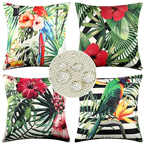 ETOLISHOP Housse de Coussin 40x40 Extérieur Imperméable Polyester Lin Animaux Fleurs Plante Tropicale Verte Motif Canapé Décoratif Taie d'oreiller pour Canapé Patio Chambre Jardin Salon Maison Décor