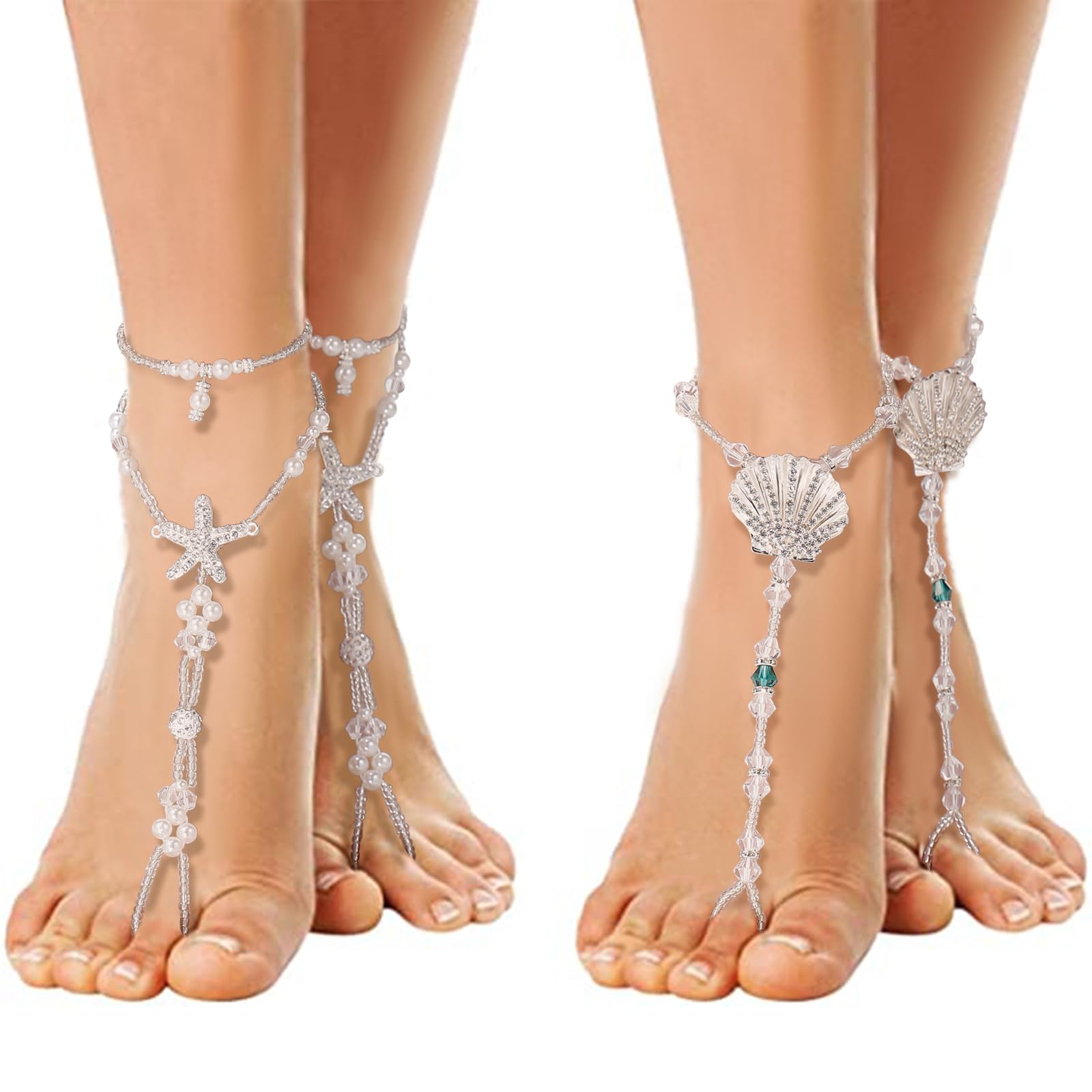 2 Pairs Barefoot Sandals- Beach Anklet Chain with Starfish for Women Lady's Beach Wedding Foot Jewelry Party Accessories: Seastar + Scallop