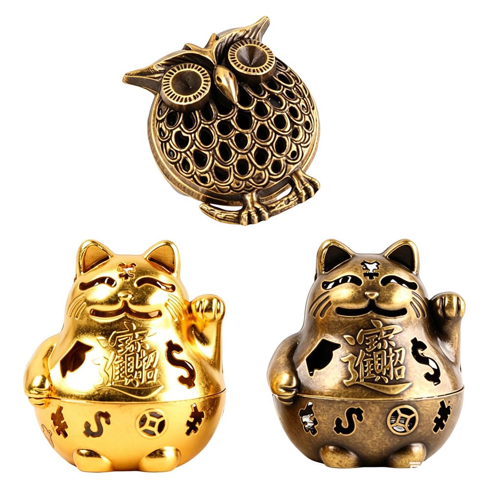 Jehoshaphat 3Pcs Lucky Wealth Cat & Mini Owl Incense Holder Set Zinc Alloy Auspicious Feng Shui Ornament for Desk Meditation Yoga Spa Indoor Outdoor Room Embellishment