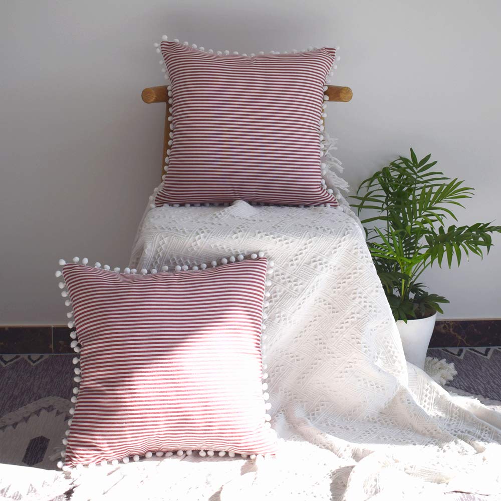 Hoplee Red Stripe Pom Decorative 20X20 Pillow Covers Red And White Tricking Stripe Throw Pillow Covers Farmhouse Pillow Covers With Poms 20X20 Inches Set Of 2