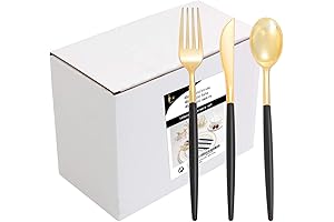 144 PCS Gold Plastic Silverware - Disposable Flatware with Black Handle Includes:...
