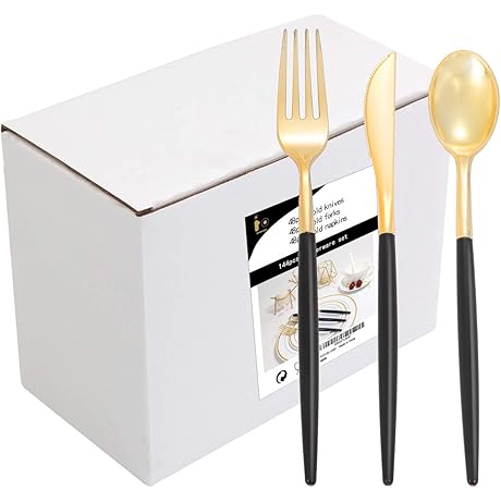 144 PCS Gold Plastic Silverware - Disposable Flatware with Black Handle Includes:...
